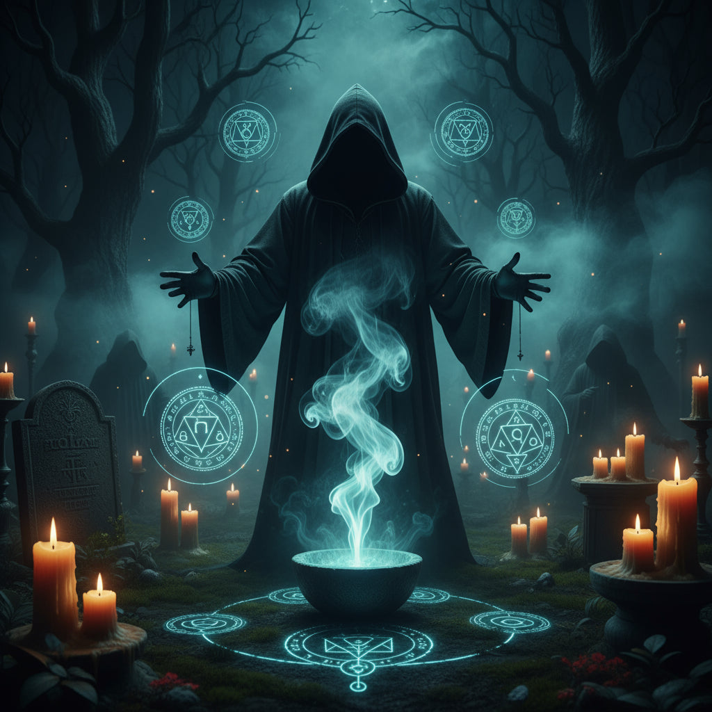 Mystical scene with a hooded figure, candles, and alchemical symbols in a dark forest.